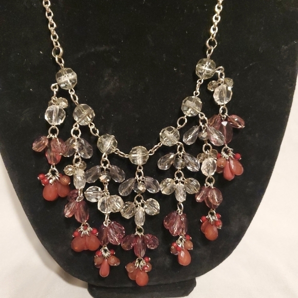 Layered Clear, Pink and Maroon Bead Necklace 20โ With 2" - 3" Drop Beads - Picture 2 of 4